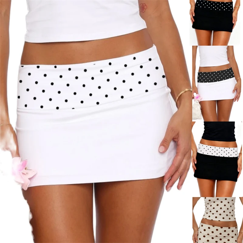 여성 Y2K 물방울 무늬 미니 스커트 섹시 로우라이즈 바디콘 숏 스커트 90년대 빈티지 슬림핏 펜슬 스커트 파티 클럽웨어
