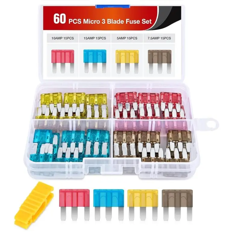 60-teiliges Micro3-Sicherungs-Set, ATL-Flachsicherungen-Sortiment, 3-polige Mikro-Flachsicherungen, Ersatz 5A 7,5A 10A 15A mit Ausziehwerkzeug – Detail 1