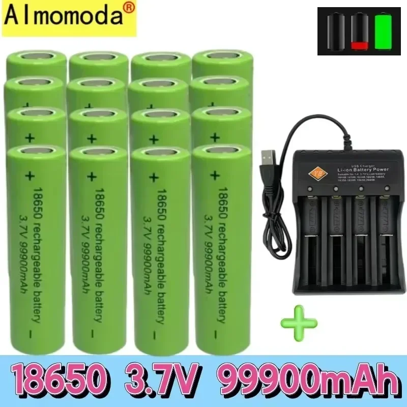 대용량 정품 18650 배터리, 99900Mah 3.7V + 충전기, 장난감 손전등 리튬 이온 충전지, 무료 배송