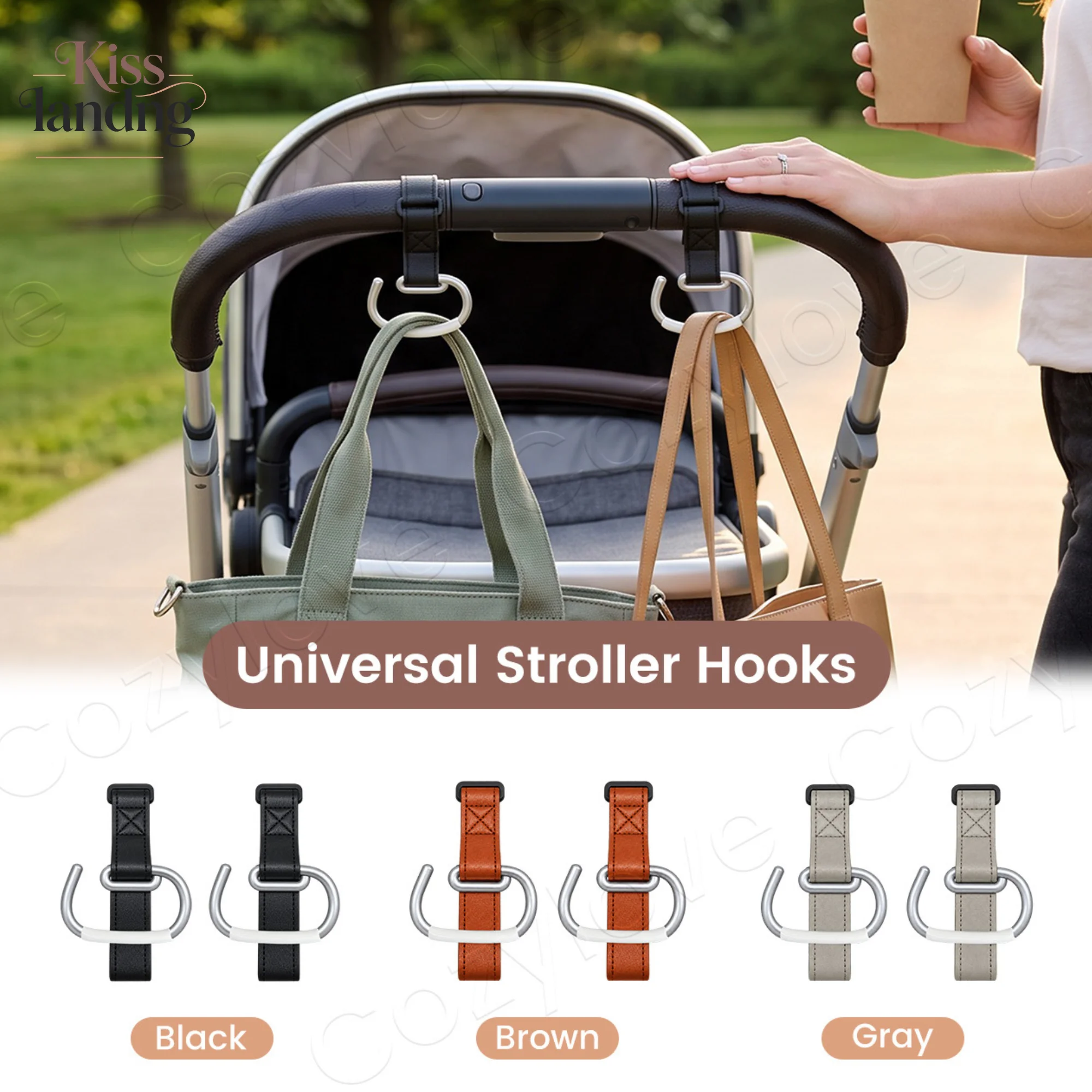 Baby Stroller Hooks 2 Pack PU Leather Strap Stroller Hanger Clip Universal Pram Hook for Diaper Bags Grocery Shopping Bags