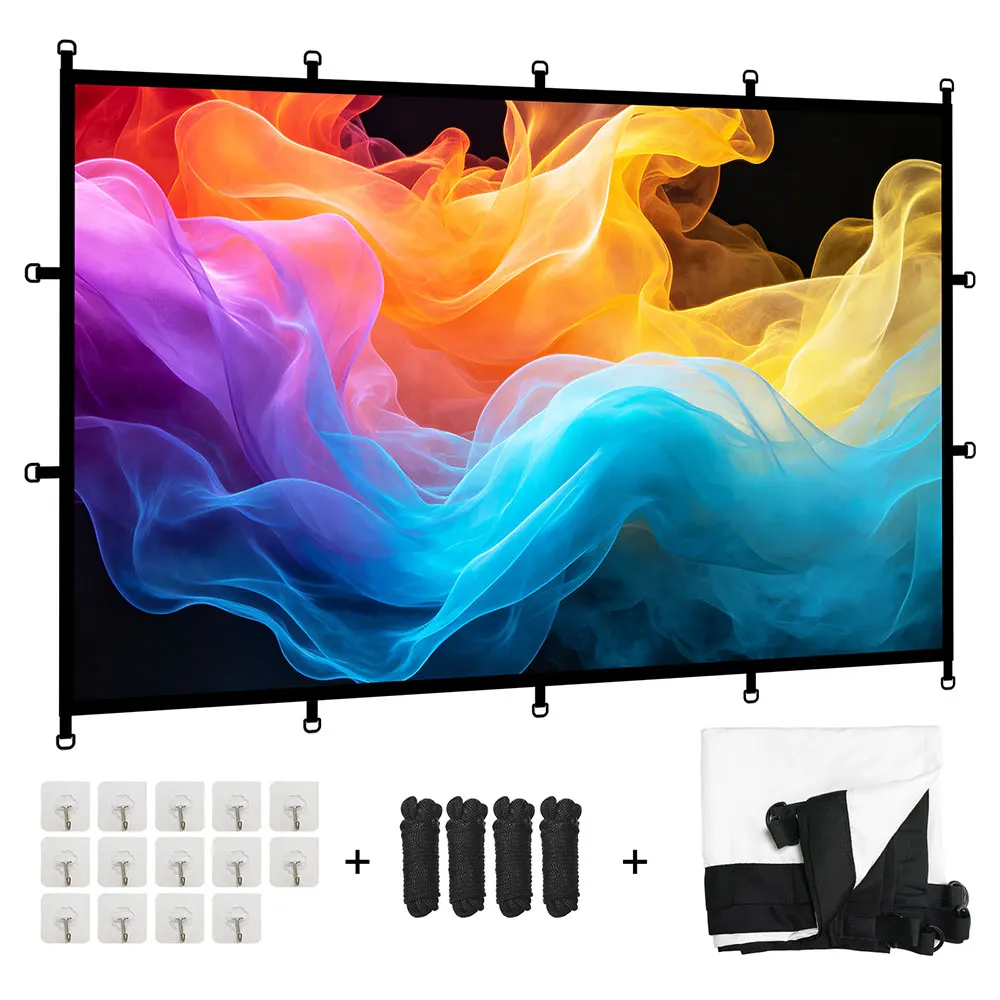 MIXITO High‑Density 16:9 Projector Screen, D‑Ring & Hook & Loop Mount, Foldable Soft Movie Screen for Home Theater Outdoor Party