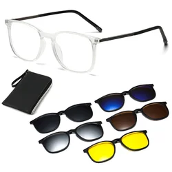 6 In 1 Spectacle Transparent Big Square Frame 5 PCS Clip On Polarized Sunglasses Magnetic Glasses Male Computer Optical 3309