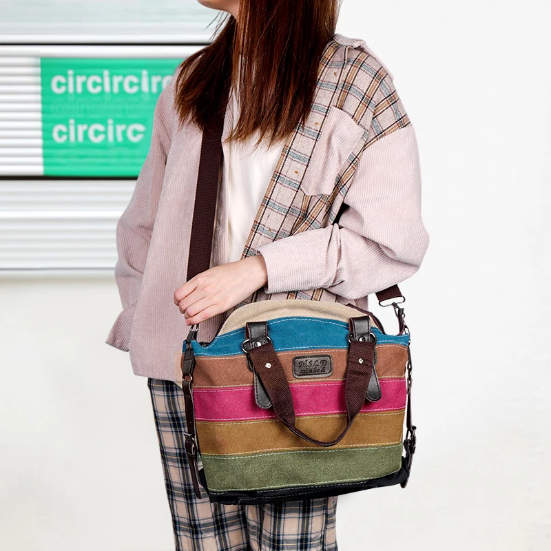 Hot Sell Dames Mode Handtas Patchwork Regenboog Één Schouder Canvas Messenger Tas Grote Capaciteit Reistas