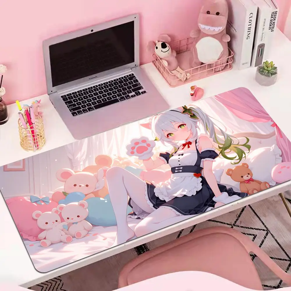 Gaming-Mauspad, große Schreibtischunterlage, rutschfeste Unterseite, genähte Kanten, niedliches Katzenohr-Maid-Girl-Design, Tastaturunterlage für Gamer, Büro und Zuhause