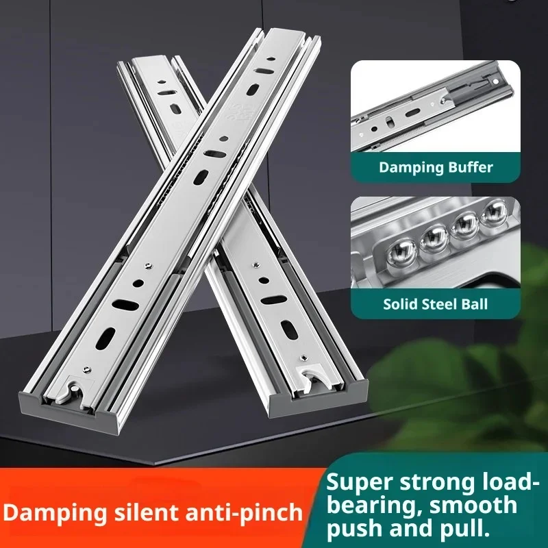 Damping Buffer Silent Drawer Slides, 3-Section Thickened Stainless Steel Rebound Wardrobe Cabinet Guide Rail