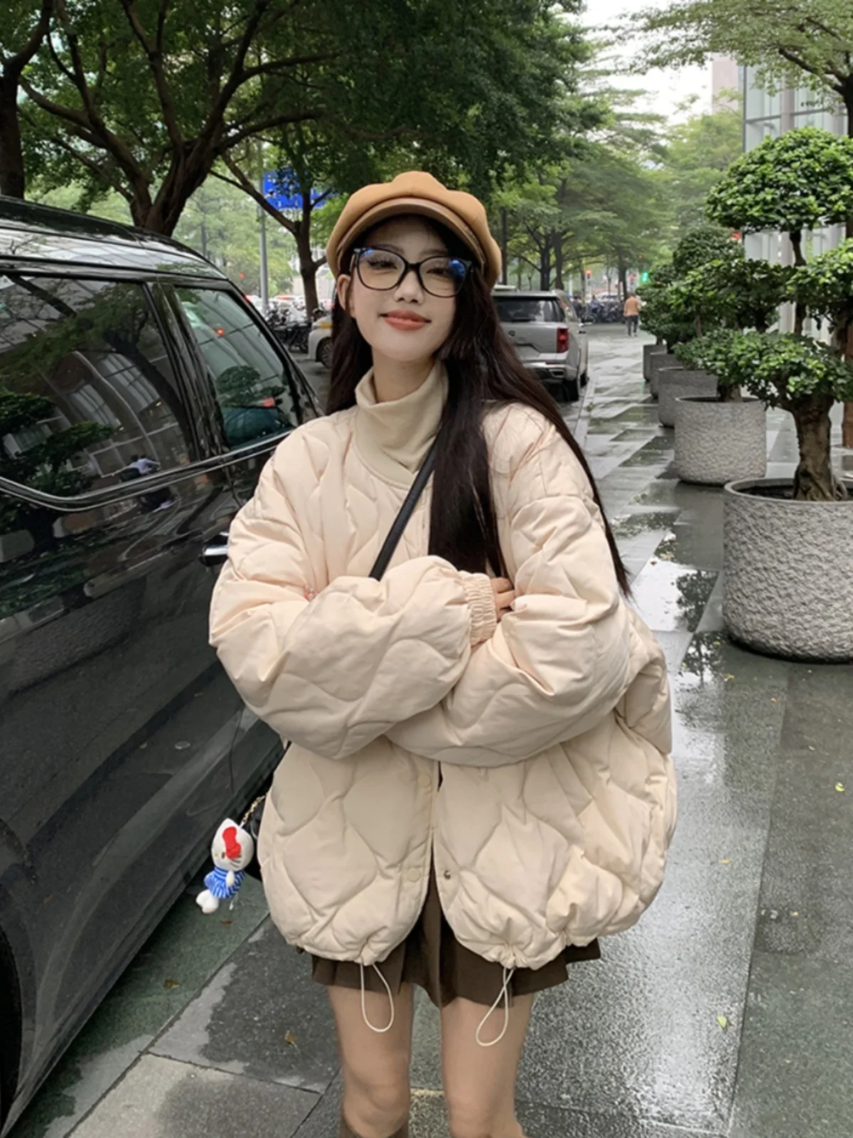 2024 New Korean Lazy Style Loose Short Parka for Women with Diamond Stitching and Thick Warm Cotton Coat