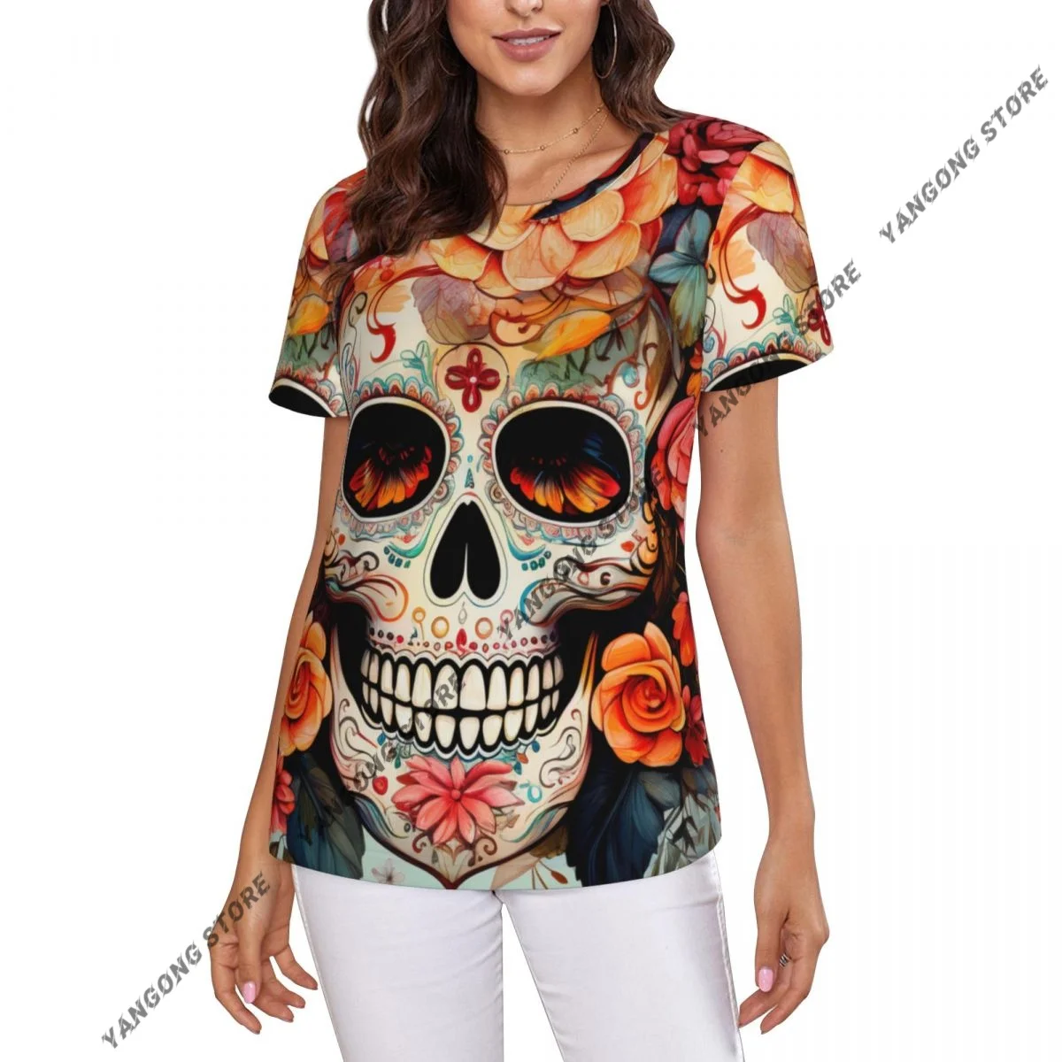 T Shirt Women Day Of The Dead Skull Tee Shirt Casual Round Neck Short Sleeve Streetwear Female T-Shirt