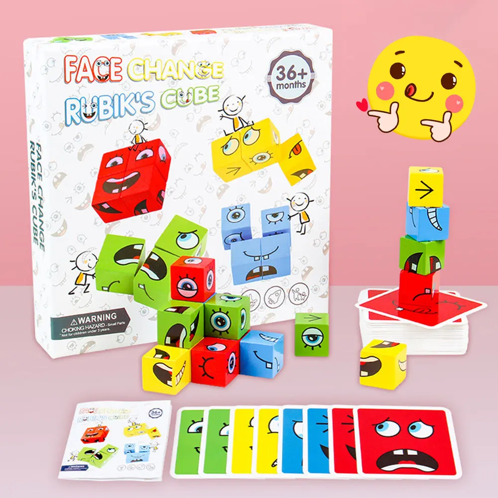 Magic Cubes Matching Games Montessori giocattolo in legno Face change Cube Expression Puzzle Building Blocks for Kid Learning Toy Gifts