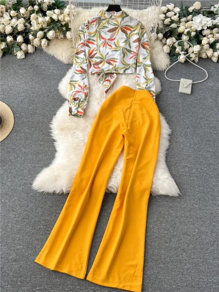 Elegant Women Casual Print Pantsuits Vintage Shirts Tops High Waist Wide Leg Pants Two Pieces Set Female Party Outfits Clothes