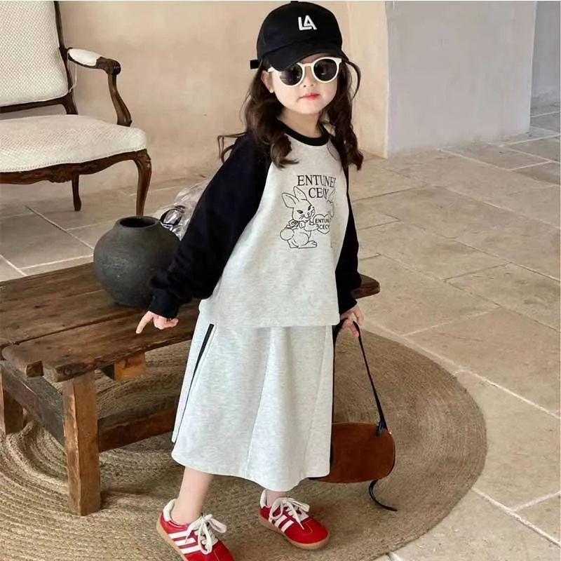 New Girls Cartoon Letter Set Kids Long Sleeve Sweatshirt Solid Color Half Skirt Suit Spring Autumn Baby Casual Fashion 2Pcs 2-8Y