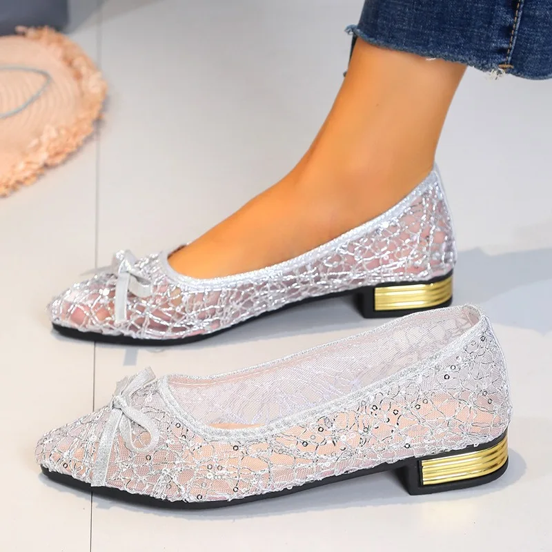 Breathable Hollow Out Lace Upper Pumps Women Summer Elegant Bowknot Pointed Toe Low Heel Designer Pumps Woman Loafers Shoes