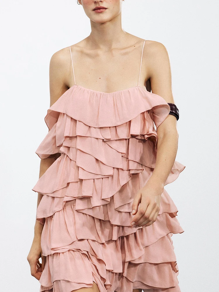 

Summer New Arrival Women's Dr Elely Bal Svel Cake Pink Strapl ort Gown for Par Pure Color Polyester