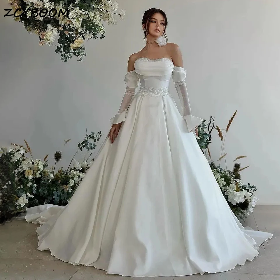 

Luxury Pearls Beading Ball Gown Wedding Dress 2024 Dubai Princess Arabic Court Train Strapless Women Bride Gown Vestido De Novia