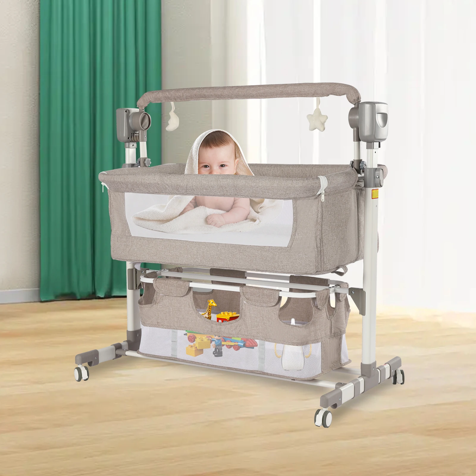 Portable Baby Bed Height Adjustable Bedside Sleeper Music Play Automatic Cradle with Timing Function & 5-Speed