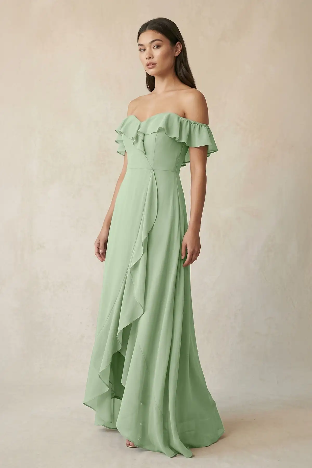 Women Ruffled Off-the-Shoulder A-Line Long Chiffon Bridesmaid Dress Evening Dress Ball Gown Party Wedding Guest Dress