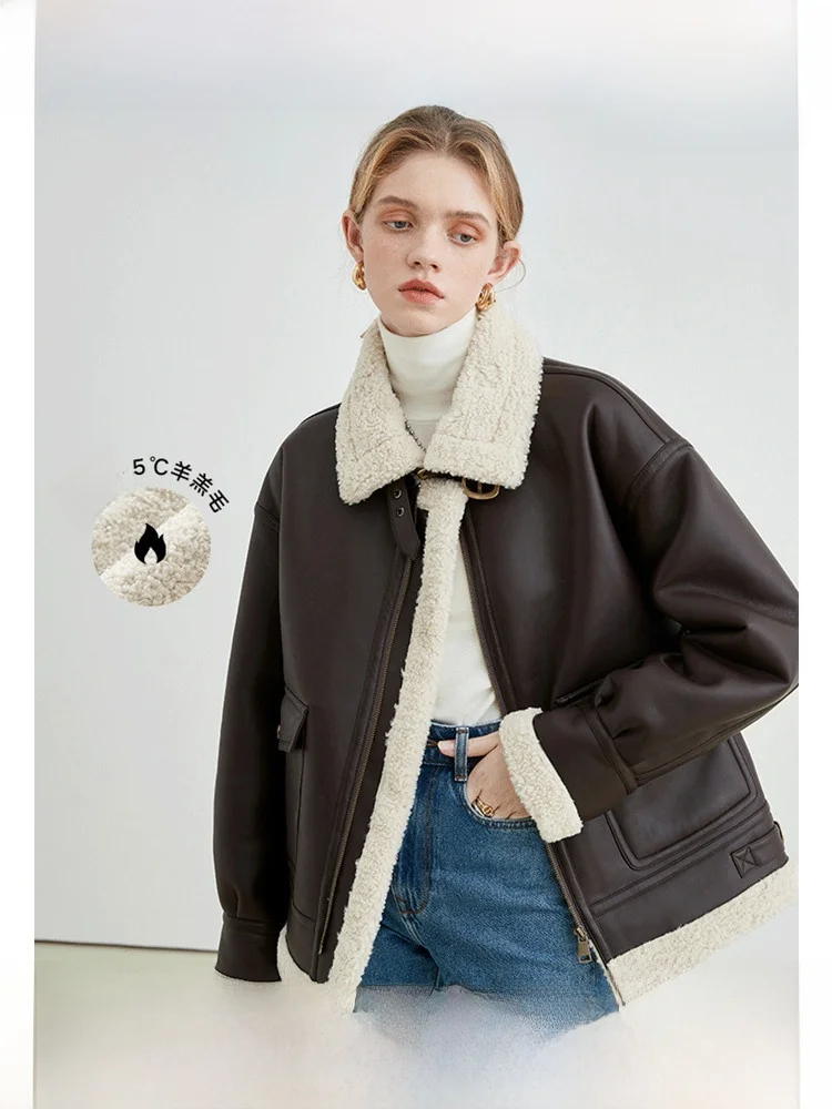 

VEGA CHANG Women's Thiened Fce Lined Leather Jaet Autumn Winter New Sle Commute Sle Long Sve Zipper Closure