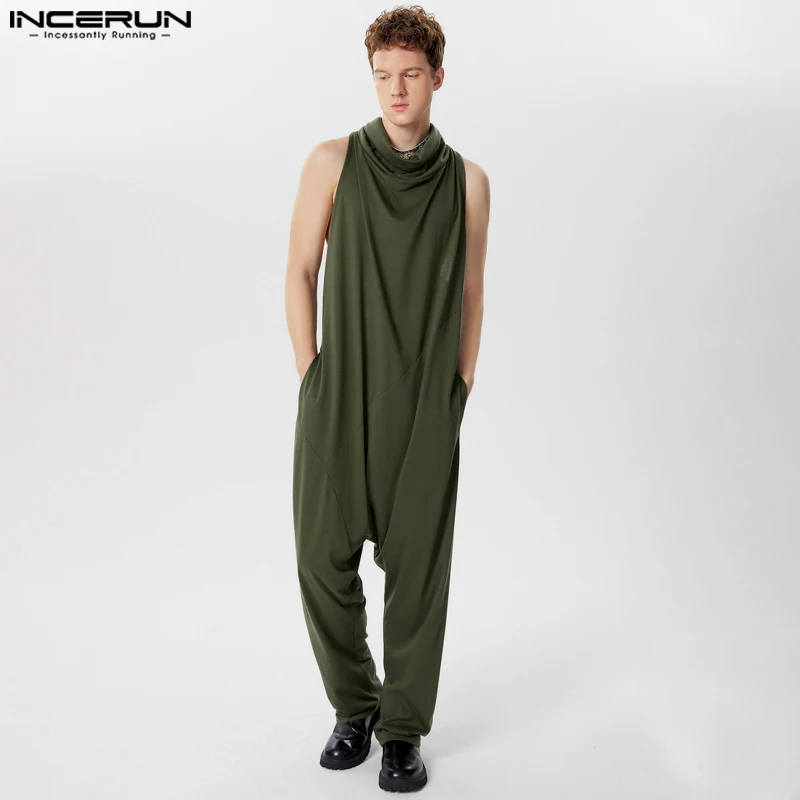 INCERUN-Macacões monocromáticos sem mangas de gola alta para homens, macacão masculino, streetwear casual, macacão de zíper, S-5XL, verão, 2022