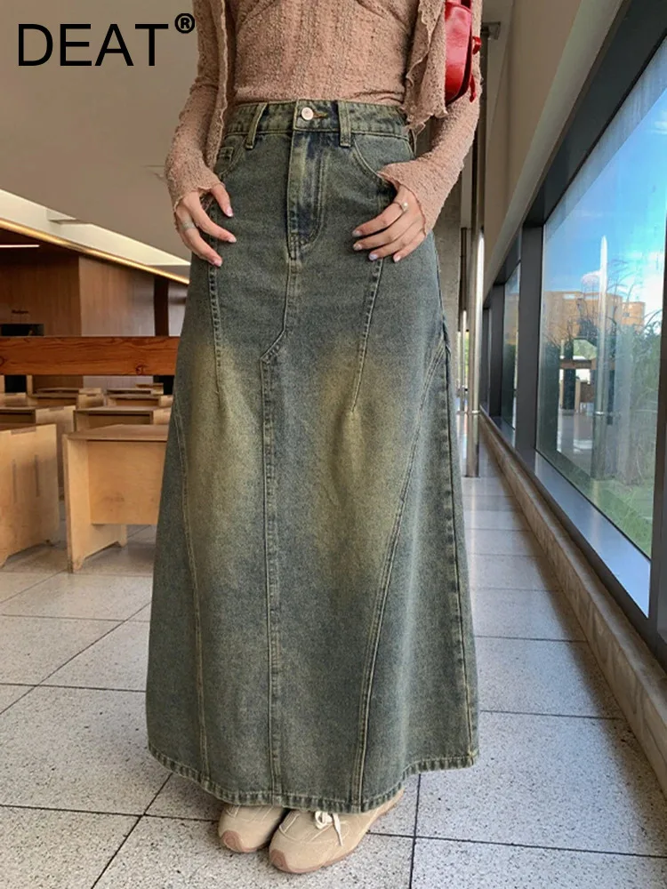 

DEAT Fashion Women's Denim Skirt High Waist Vintage Water Washing A-line Ankle-length Skirts Autumn 2024 New Tide 7AB4824