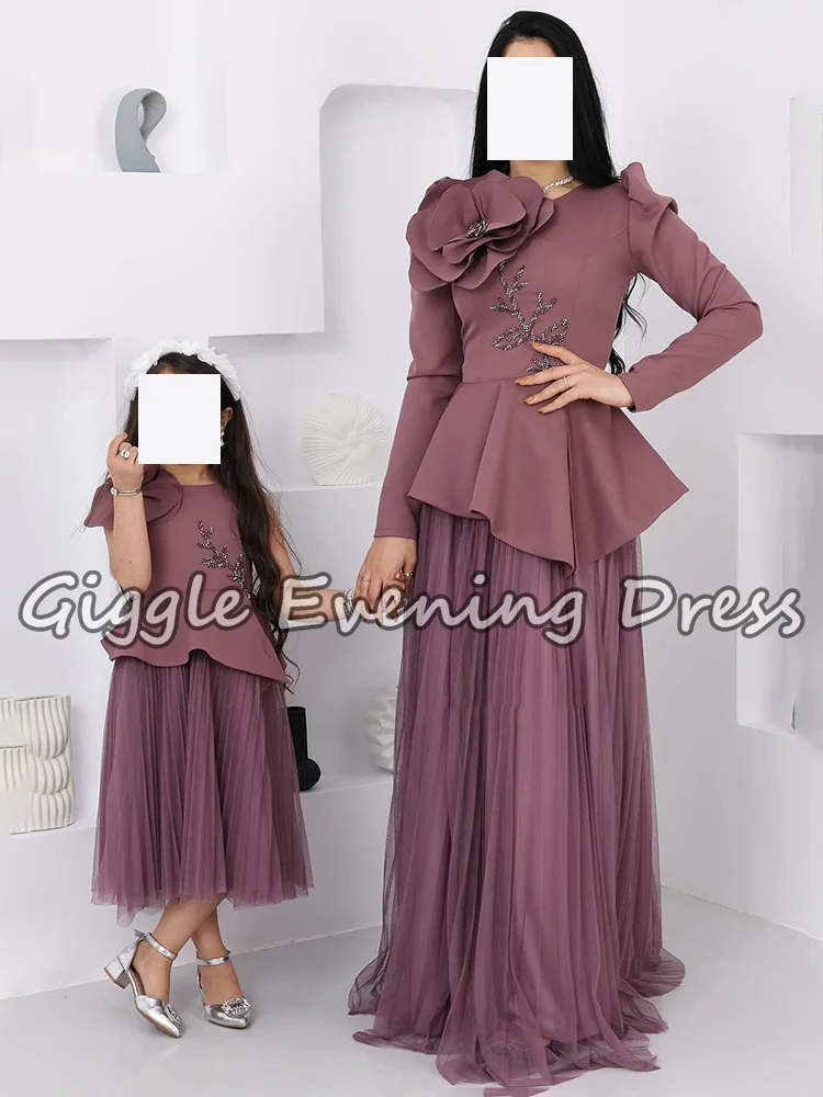 

Fashion Handmade Flower Beading Evening Dresses Long Sleeve Tulle A-Line Saudi Mother Daughter Dress Wedding Party Eid Customied
