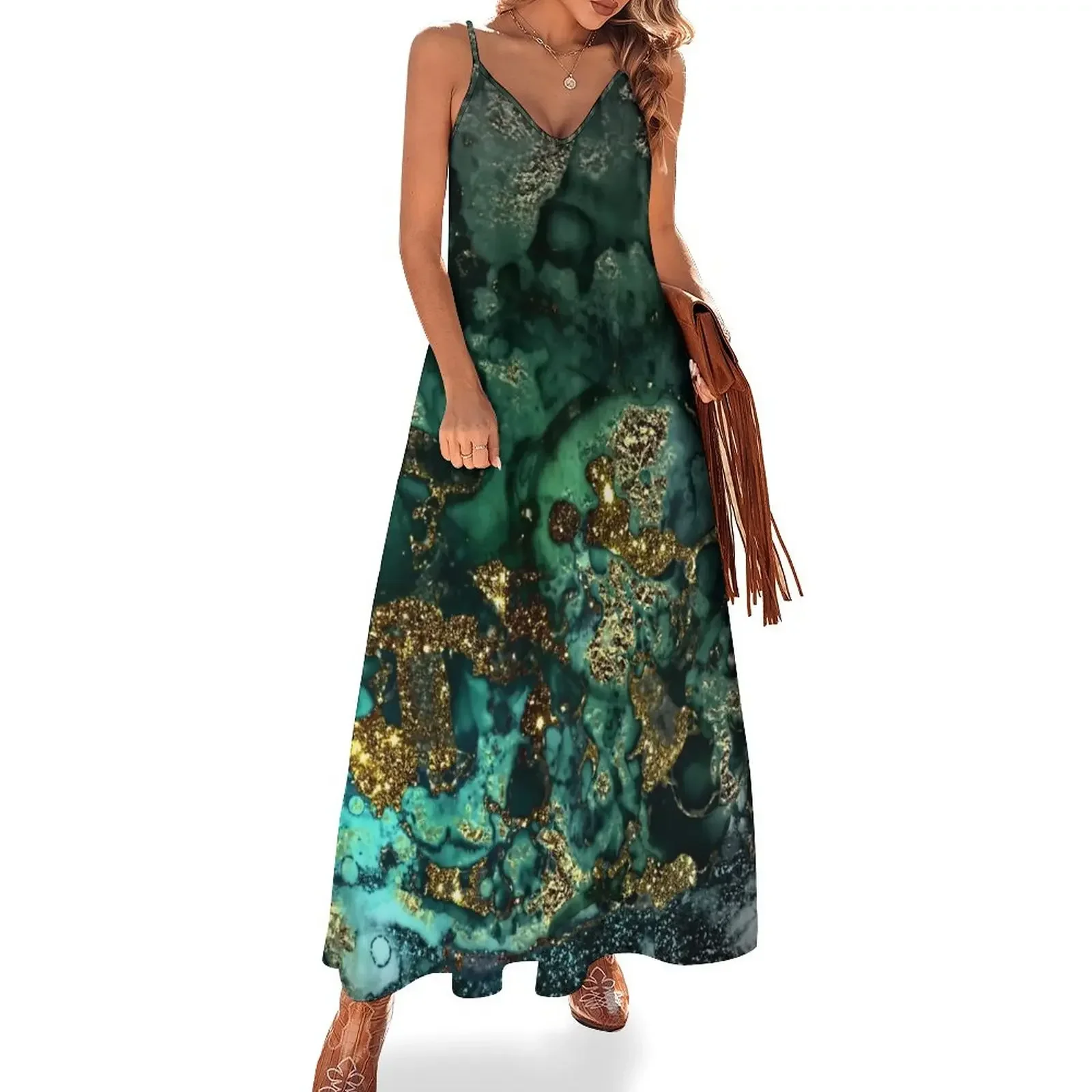 

Gold Indigo Faux Malachite Marble Sleeveless Dress evening dresses women long dresses for women Dress