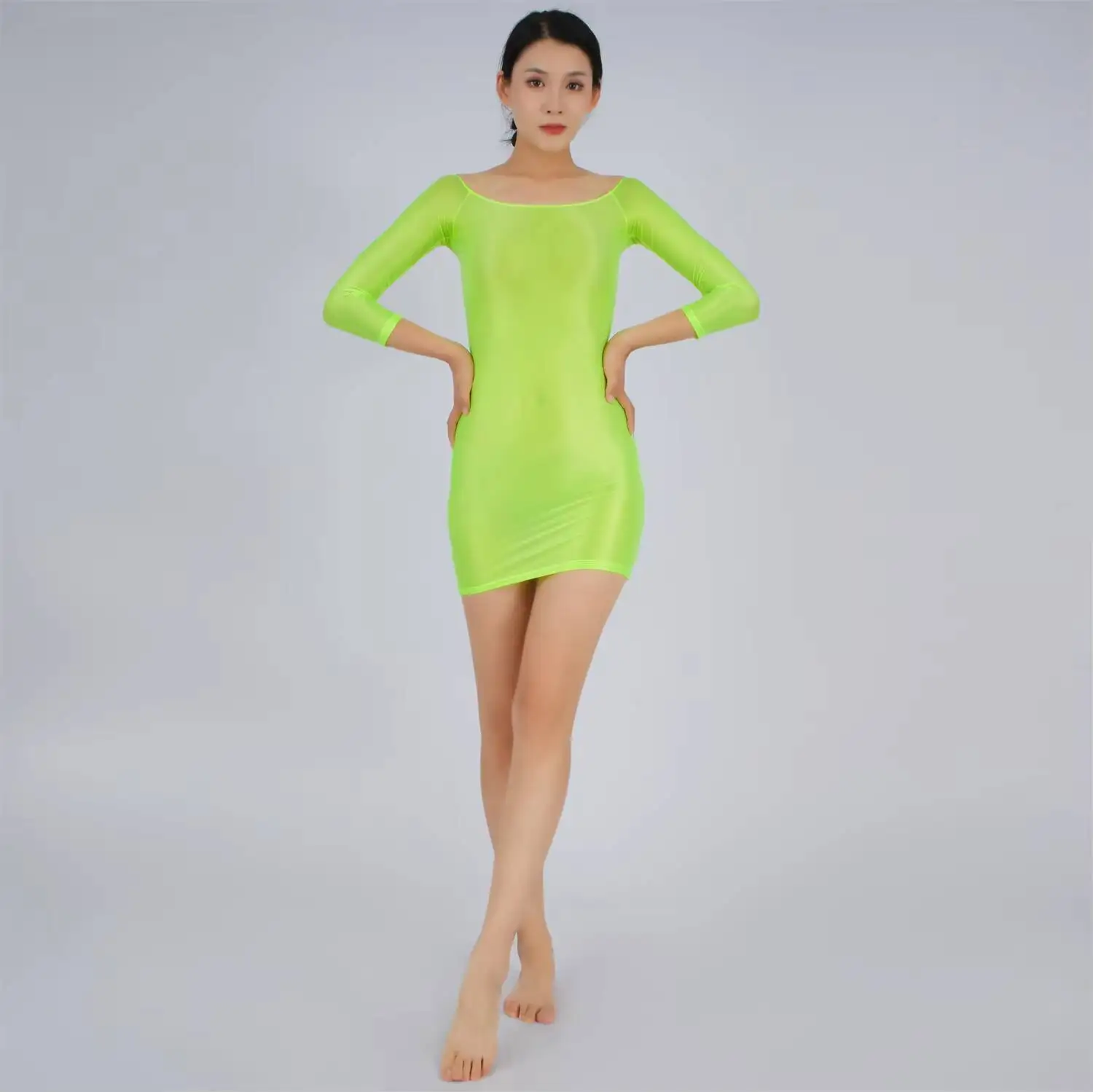 Sexy Glossy Ultra Thin Mini Dress Transparent Sheer See Through Elastic Bodycon Tight Dress