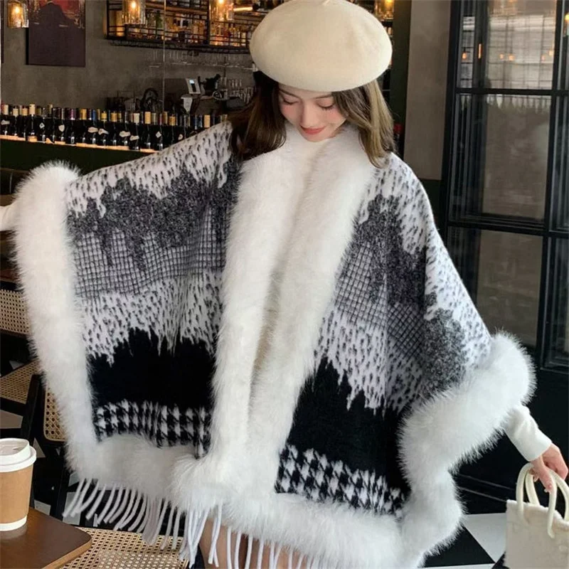 Women Loose Faux Fur Ball Out Street Wear Winter Warm Cardigan Shawl Cape Oversize Lining Velvet Cloak Overcoat Poncho