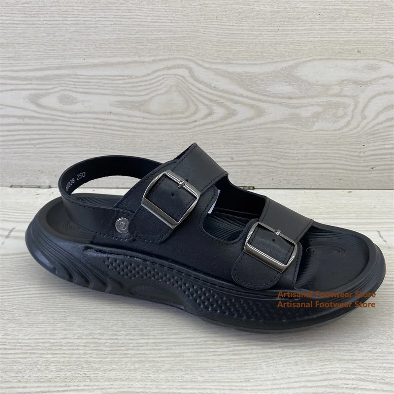Black Leather Double Buckle Men's Sandals 2026 New Summer Casual Beach Shoes Soft Sole Anti Slip and Breathable Men's Sandals