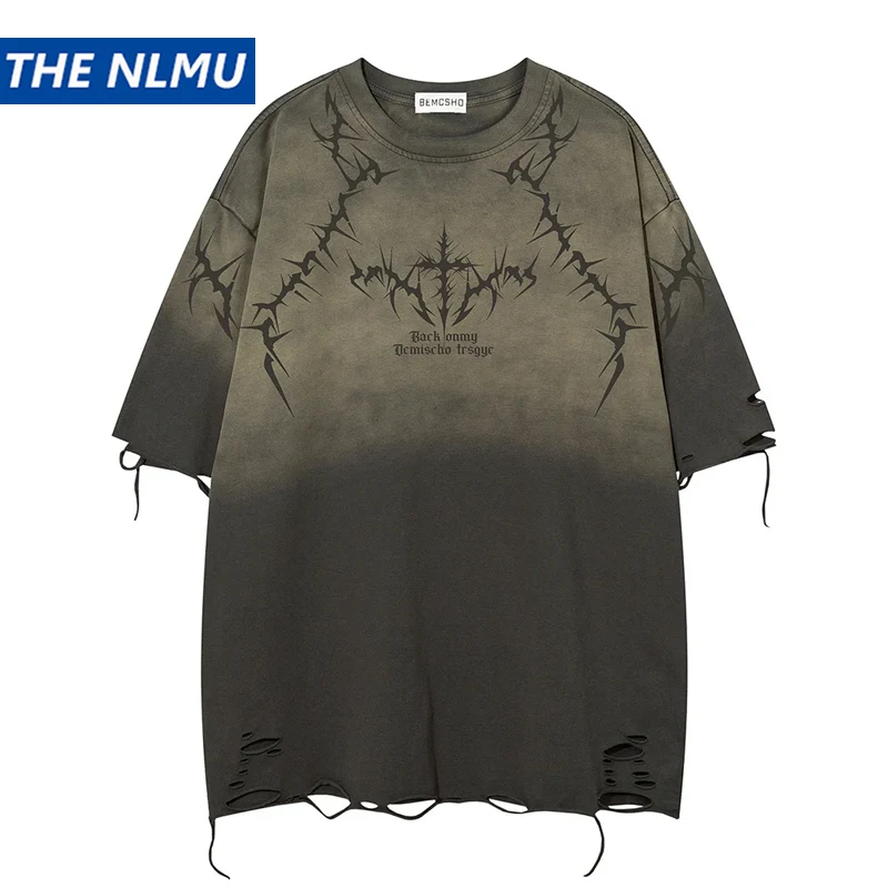 

2026 Summer Vintage Gradient Washed Tshirt Distressed Ripped Short Sleeve T-Shirt Unisex Loose Tee Top 100% Cotton