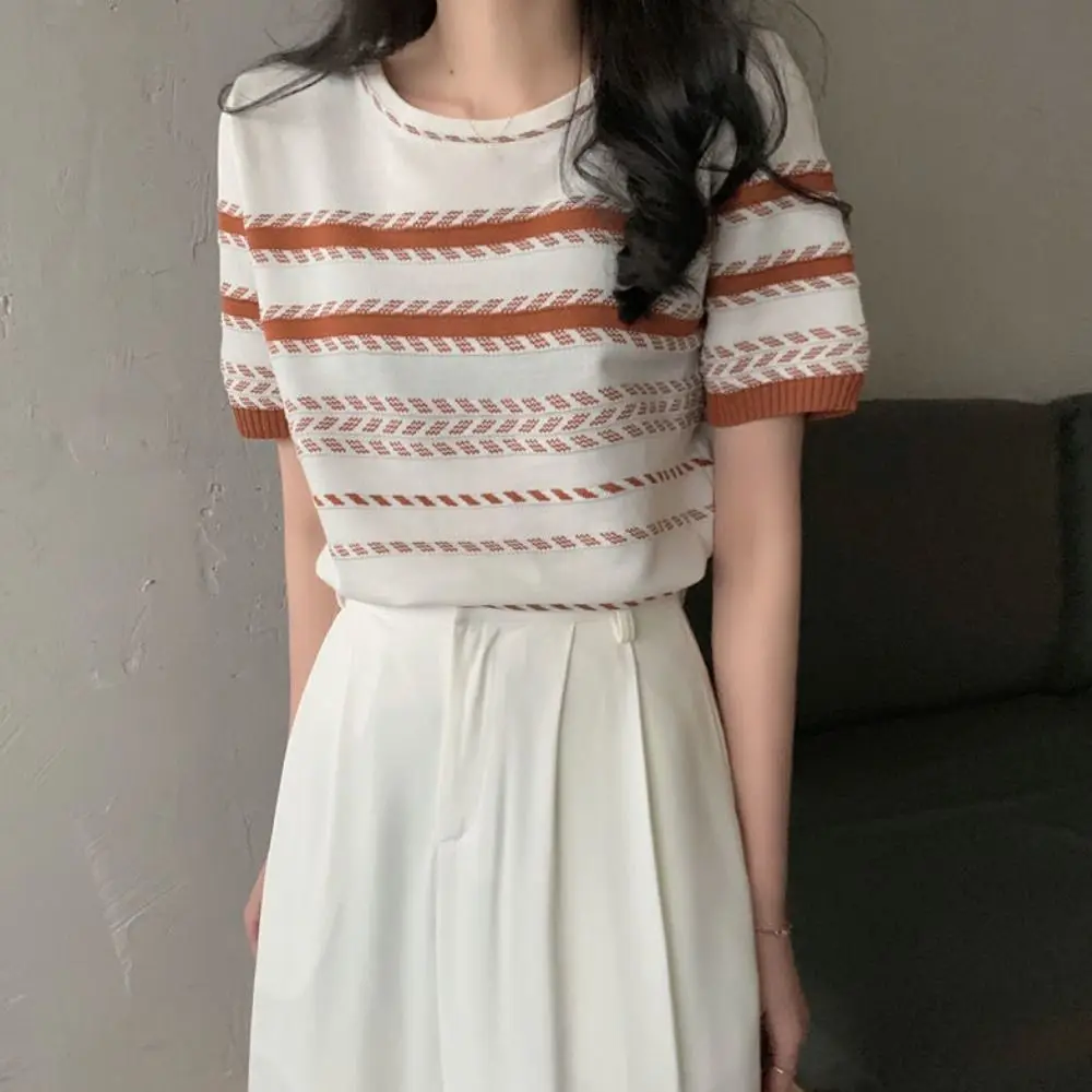 

Sweet Ins Short Sleeve Crop Top Loose Summer Stripe Knitted T-shirt Female Clothing Bottoming Shirt Knitwear Women Summer