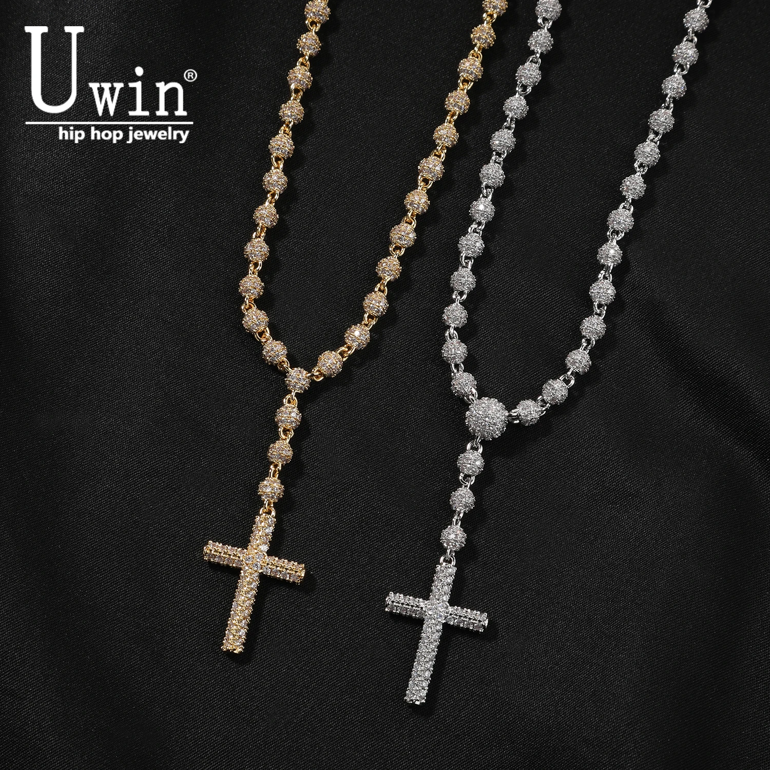 Uwin 5mm Icy Bead Link Chain Drippy Cross Pendant Micro Paved Out 5A Cubic Zirconia Choker HipHop Fashion Jewelry