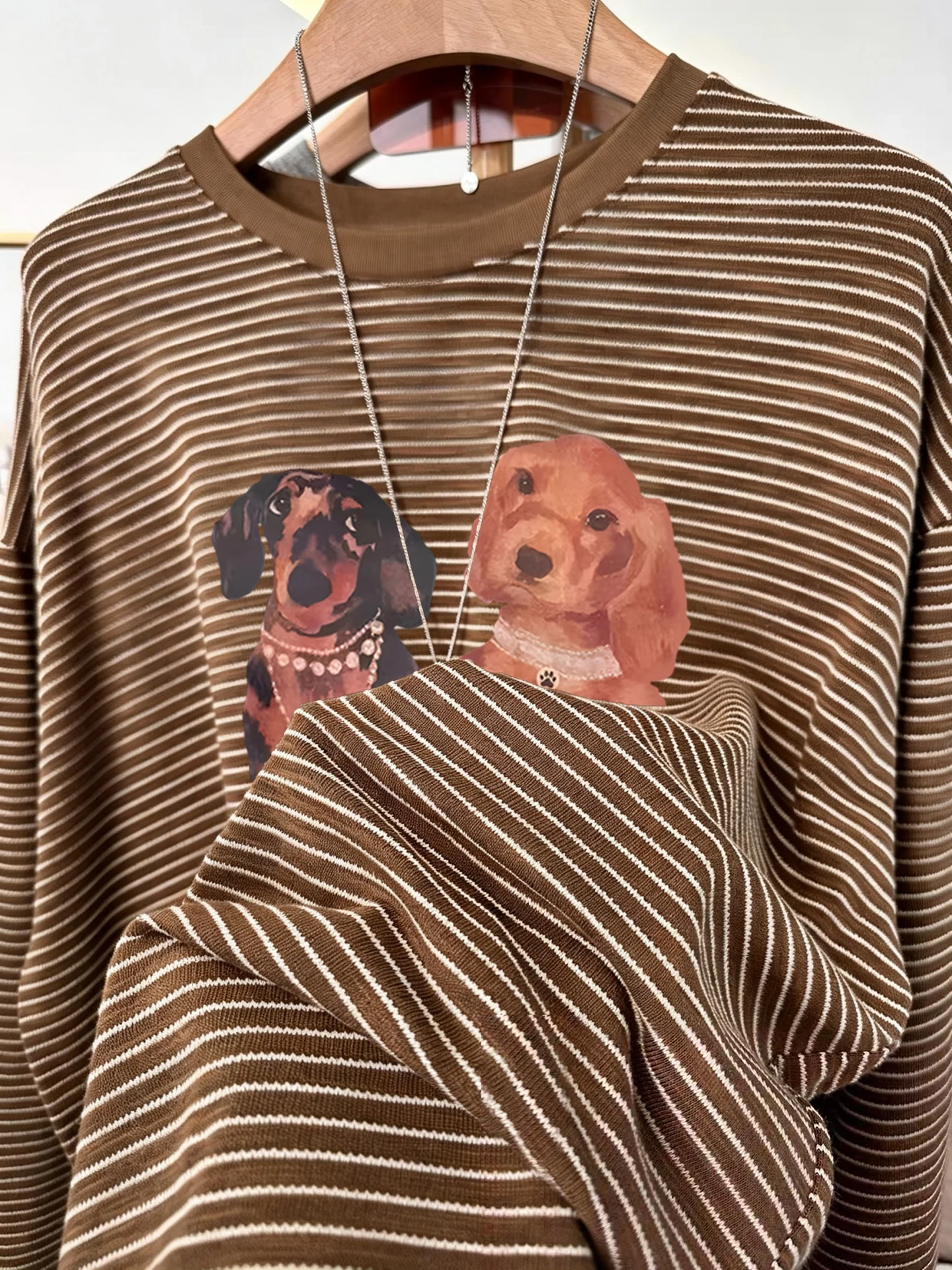Retro American Green Stripes Long Sleeve Women's T-shirt Draped Lazy Korean Style Print round Neck Spring Autumn Base Shirt
