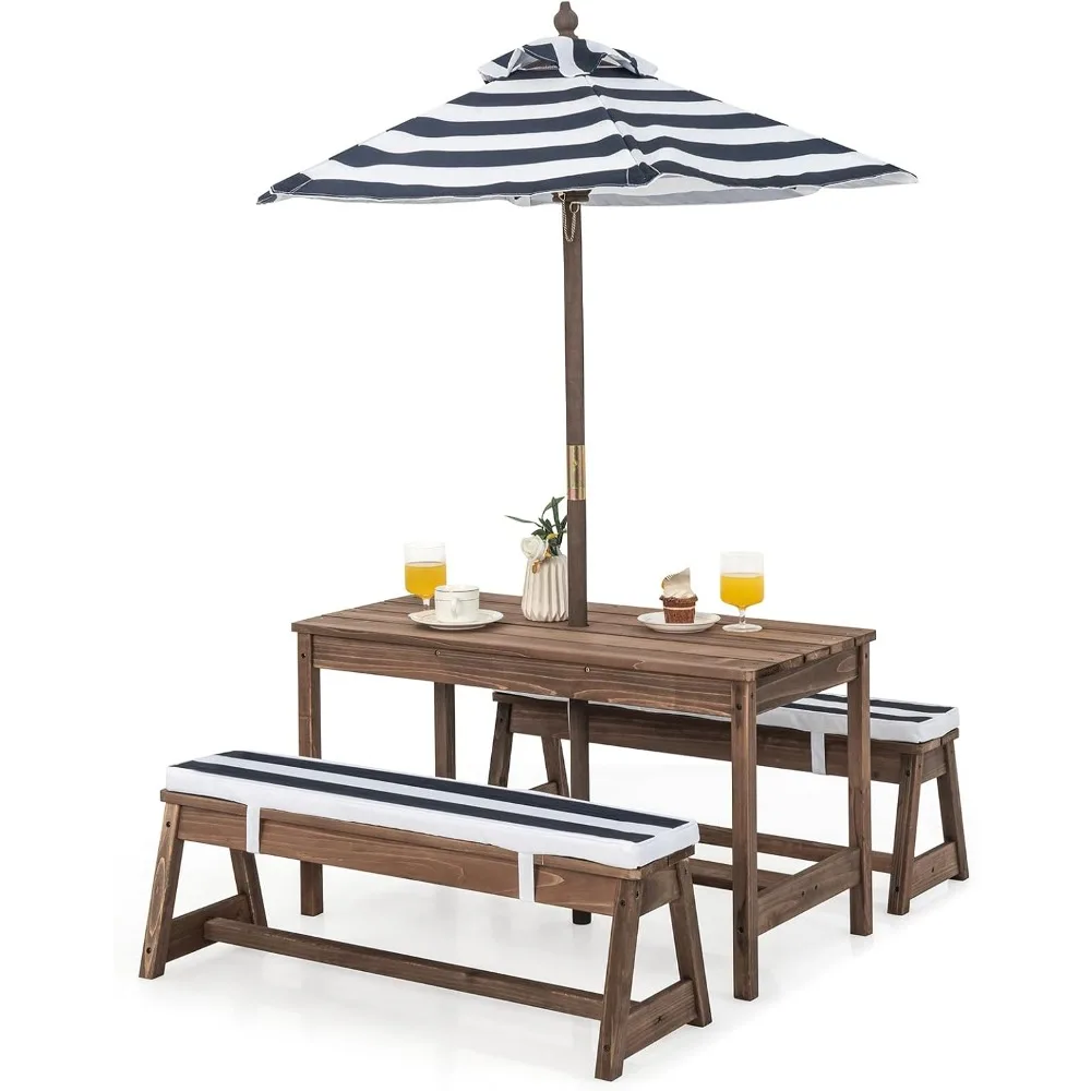 

Kids Picnic Table, Outdoor Wooden Table & Bench Set w/Removable Cushions and Umbrella, Stripe Fabric, Children Backyard Furnitu