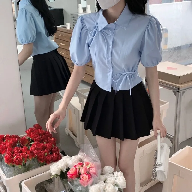 Puff Sleeve Bow Shirts Women Summer 2024 Solid Color Single Breasted Office Lady Korean Style Versatile Slim Short Blouse Female