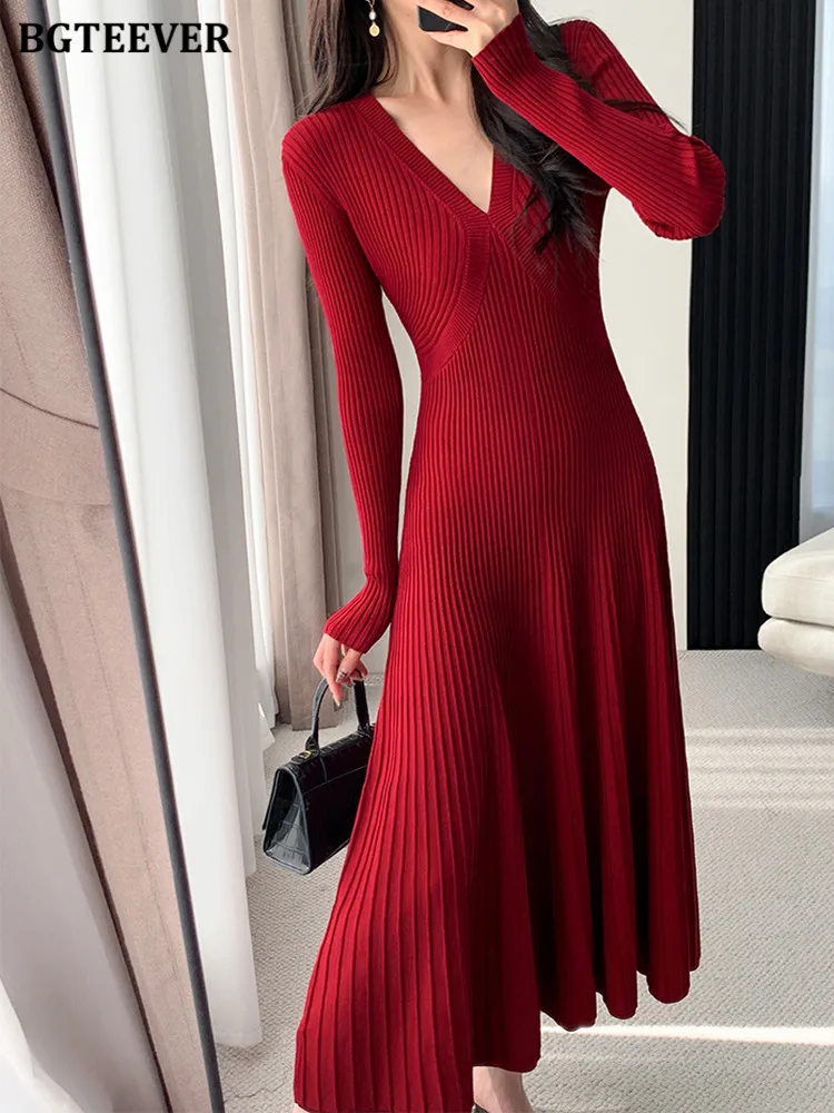 BGTEEVER Stylish V-neck Knitted A-line Dress Women Autumn Winter Full Sleeve Slim Waist Elegant Female Solid Sweater Dress