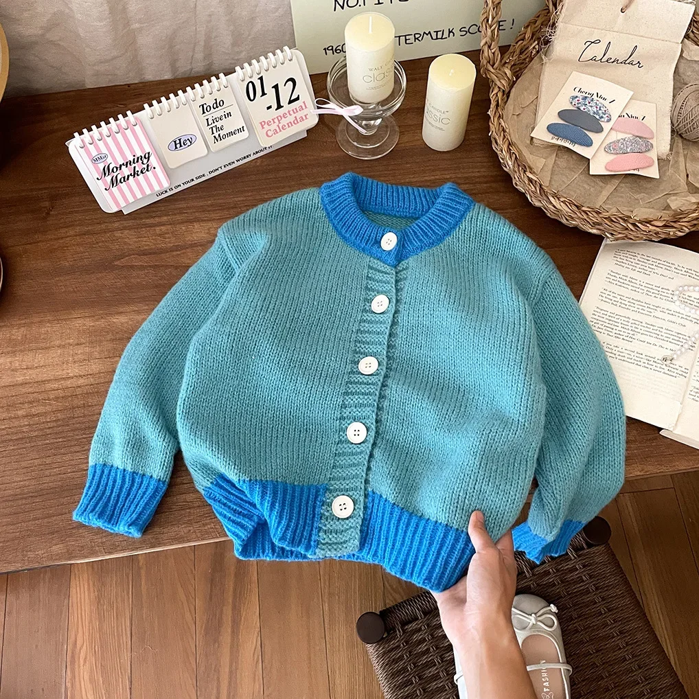 Autumn Baby Girls\' Knitted Sweater Spring Korean Clothing Stylish Candy Color Contrasting Loose Children\'s Outerwear Cardigan