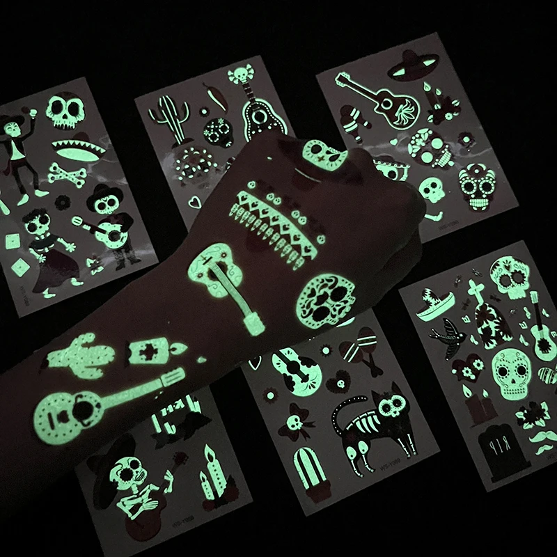 10Pcs Halloween Tattoo Stickers Glow In The Dark Guitar Instrument Skull Cartoon Night Glow Stickers Kid Party Body Face Sticker