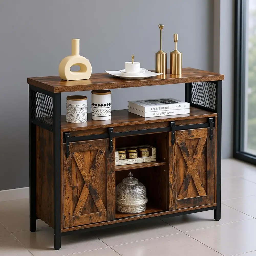 

Шкаф-буфет в деревенском стиле, коричневый и черный, для хранения в кафе-баре, сервант с двумя раздвижными дверцами сарая, регулируемые полки, 13 x 39,4