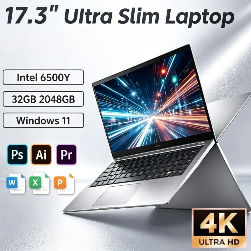 17.3 Inch High Capacity Laptop Intel 6500Y Windows 11 32GB RAM 2TB SSD Fingerprint Unlock Notebook For Multi Tab Work & Gaming