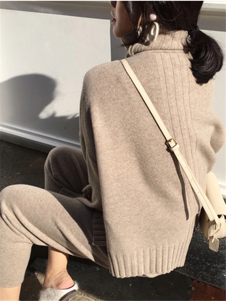 REALEFT Autumn Winter 2 Pieces Women Sets Knitted Tracksuit Turtleneck Sweater+Casual Haren Pants Pullover Female Suits 2024 New