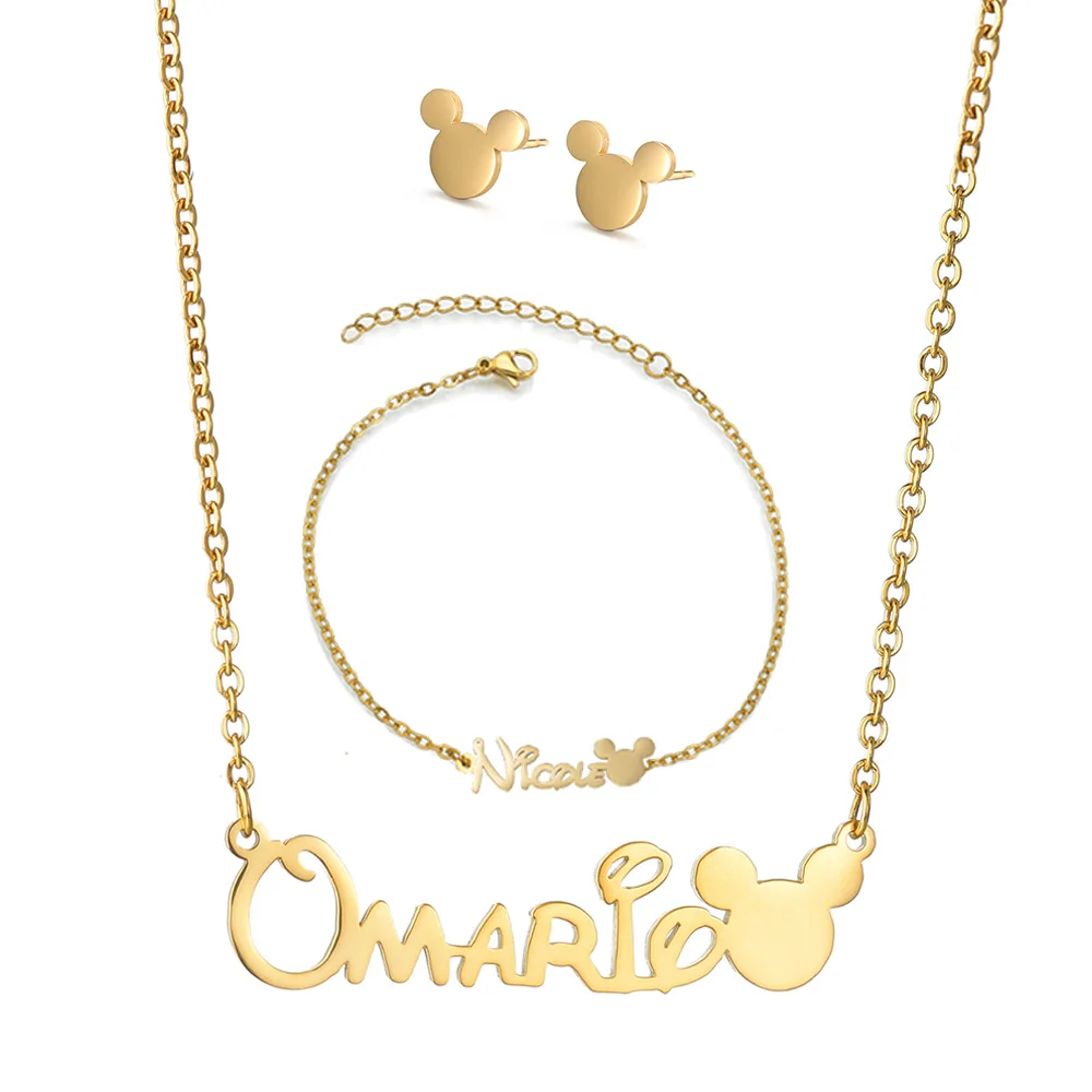 Custom Name Baby Necklace Cartoon Mickey Personalized Stainless Steel Child Bracelet Necklace for Women Kids Jewelry Set Gift