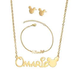 Collar con nombre personalizado para bebé, pulsera de acero inoxidable con dibujos animados de Mickey para niño y mujer, conjunto de joyería para regalo