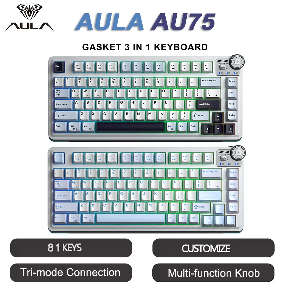 

AULA AU75 Esports Gaming Mechanical Keyboard Three Mode 81 Keys PBT Keycap Hot Swappable RGB PC Desktop Typing Wireless Keyboard