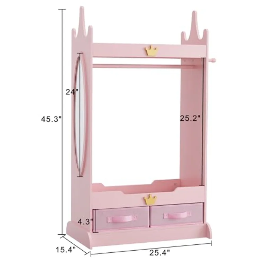 Pink Dress Up Storage Armoire with Full-Length Mirror and Non-Woven Drawers Open-Style Costume Closet with Adjustable Hanging R