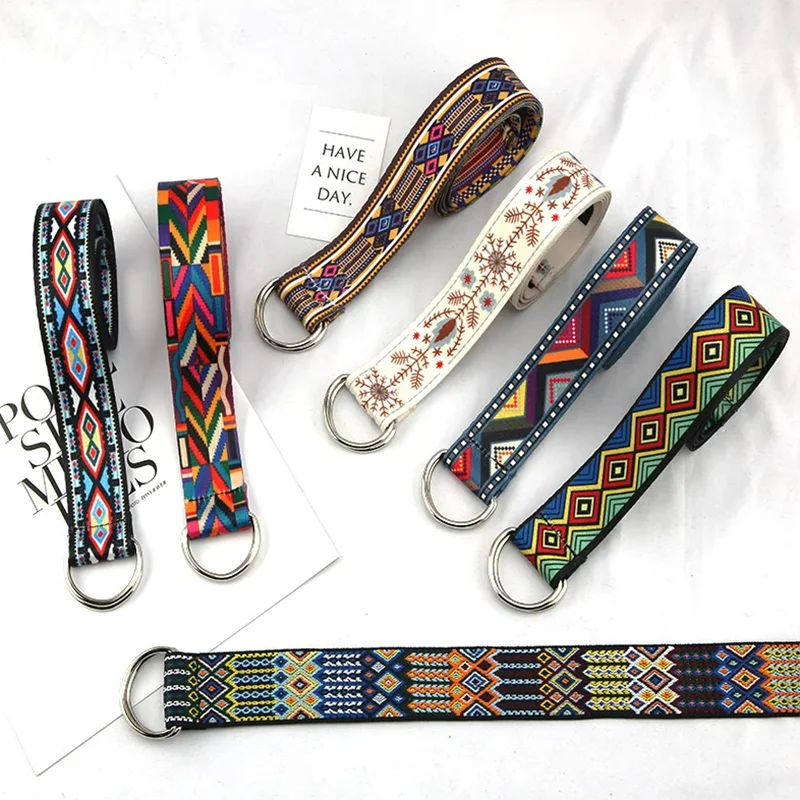 Women Belt Fashion Belt Woven Waistband Long D Ring Buckle Plaid Canvas Casual Nylon Braided Female Waist Belt Classic Flower