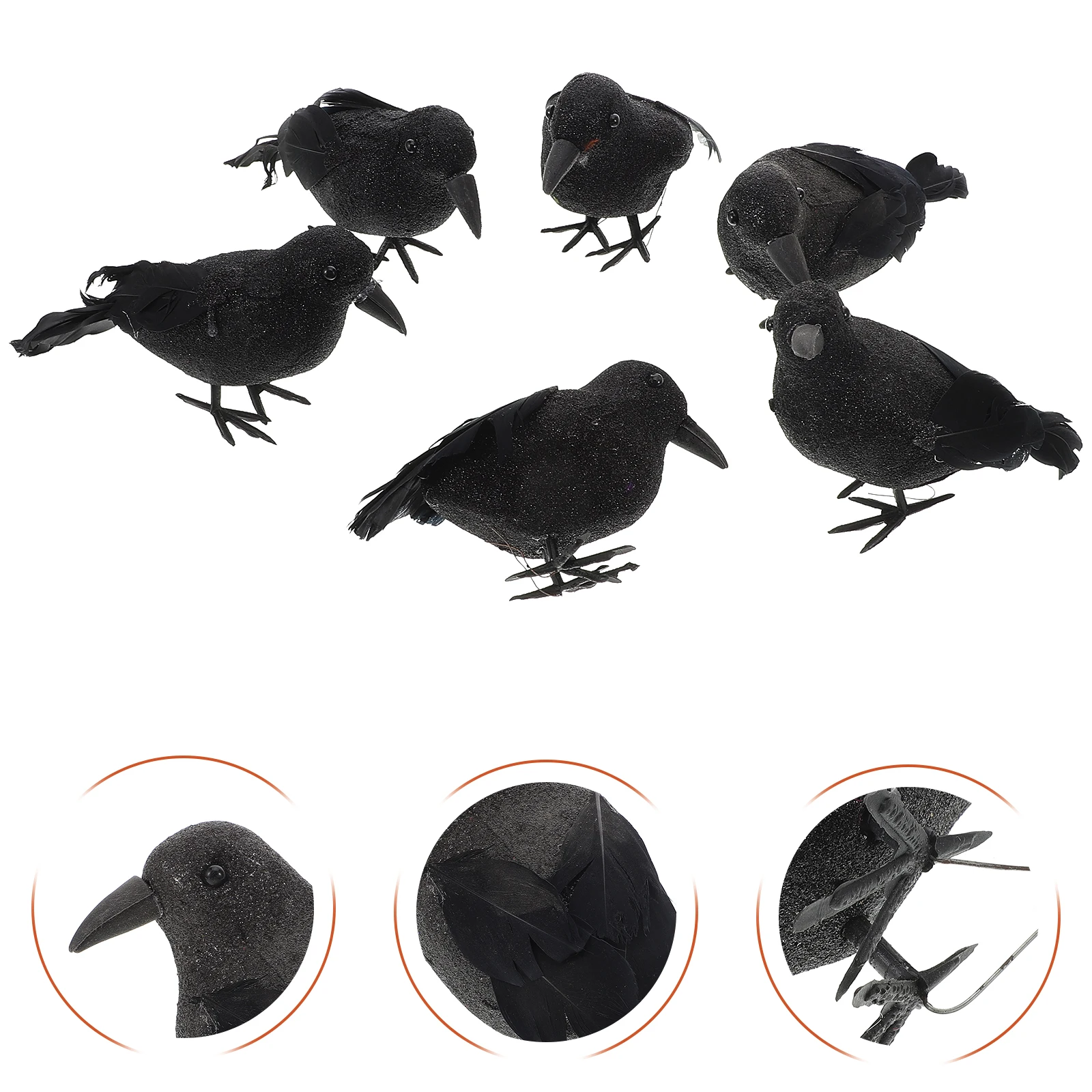 

6pcs Realistic Feathered Crow Halloween Decor Scary Artificial Crows Black Bird Simulation Props For Party Haunted House Desktop