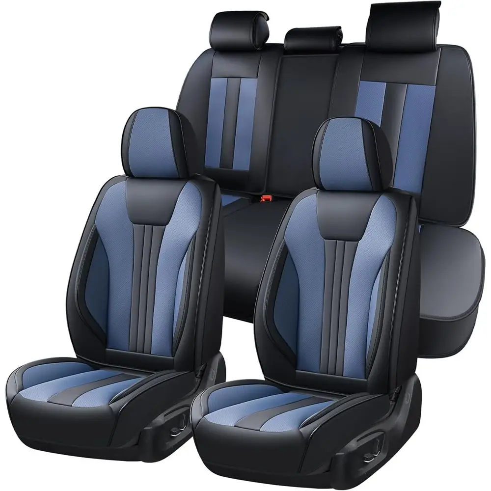 Waterproof Leather Car Seat Covers, Easy Install, Cup Holders, Scratch-Resistant for Family Trips, Black & Blue