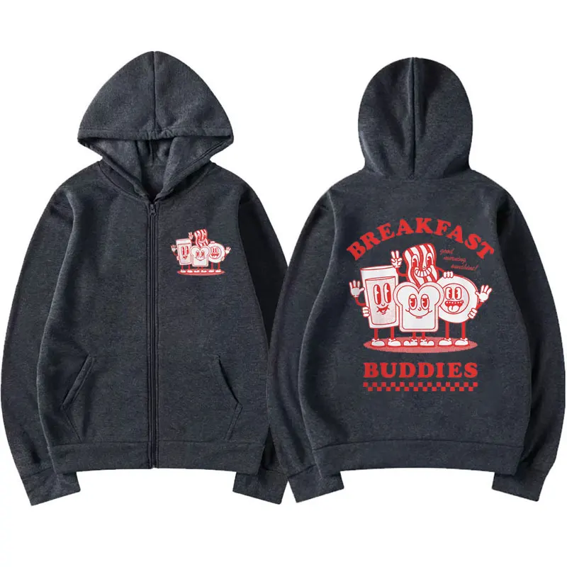 Funny Breakfast Buddies Graphic Zip-up Hoodie Men Women Fall and Winter Fleece Sweatshirt Coat Couple Fashion Zipper Jacket Male