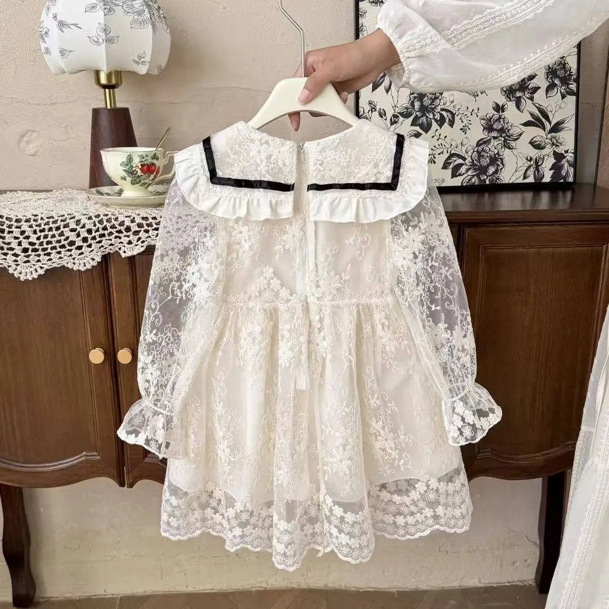 2026 New Girls Long Sleeve Lace Dress Bow Tulle Princess Dress for Baby Girls for 90-140cm