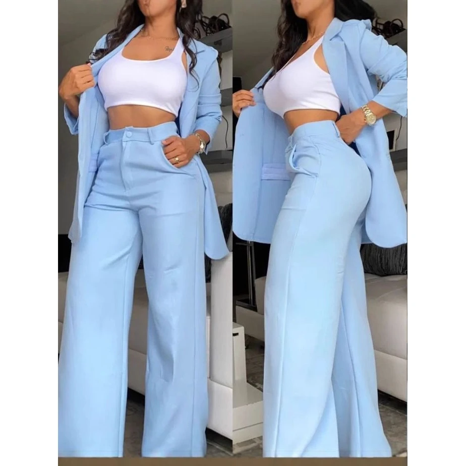 

Elegant Pure Color Suit with Slit Sleeves And Collar Straight Leg Pants Set for Women Fashionable Versatile Workwear