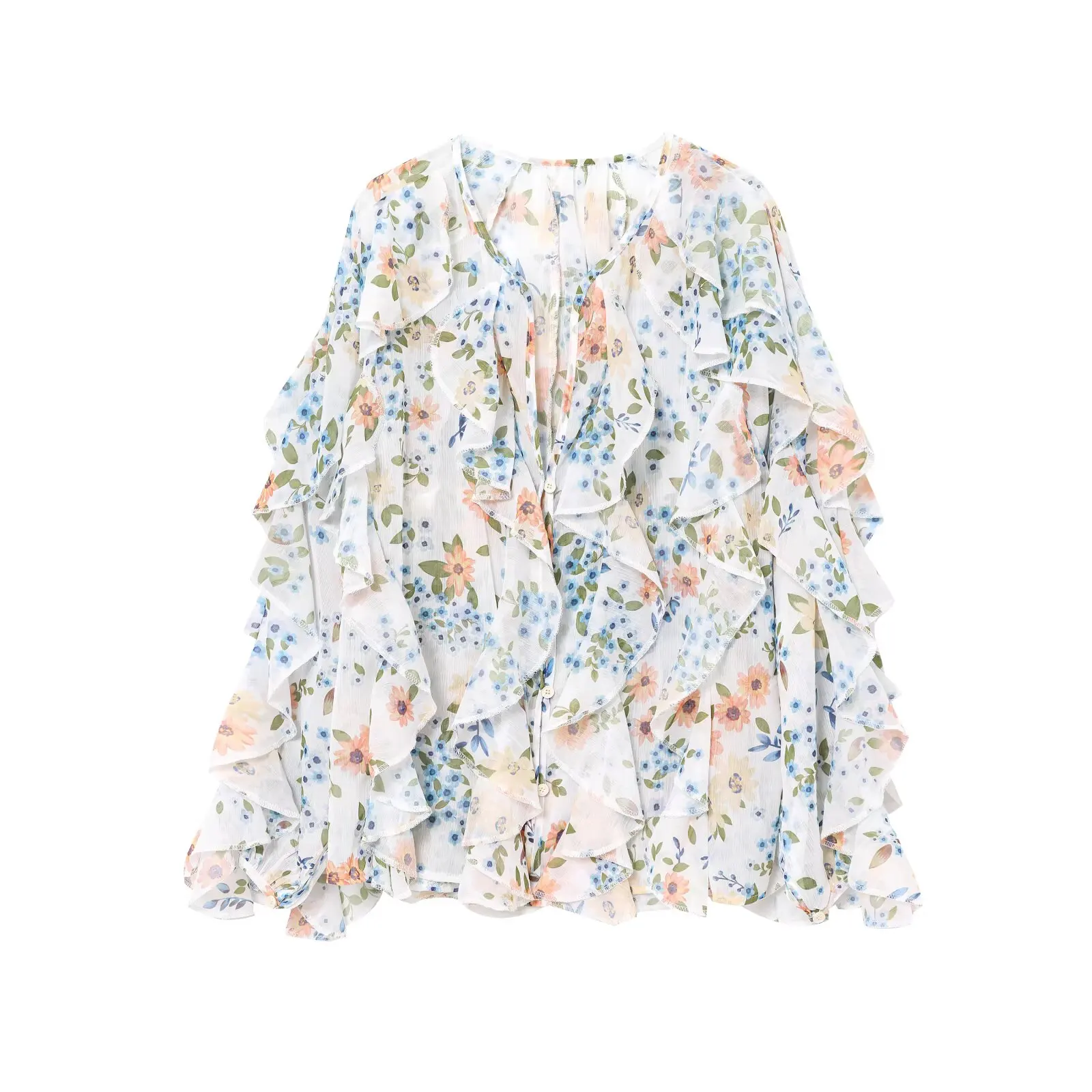 

ZBZA Spring New Women's Faion Design Layered Decoration irt Sweet Loose Fit Long Sve V-Ne Floral Print Polyester Fiber